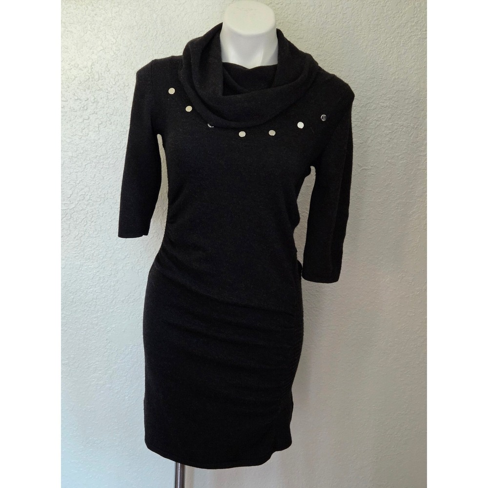Karen‎ Millen Black Wool Blend Cowl Neck Studded Knit Dress KM207 Size 3 US 8-10